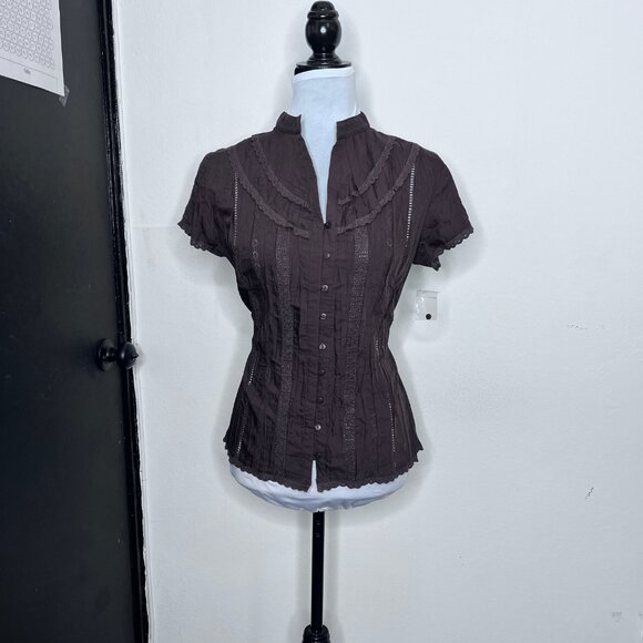 NWT Notations Brown Short Sleeves Button Blouse Top Sz S - Picture 2 of 9